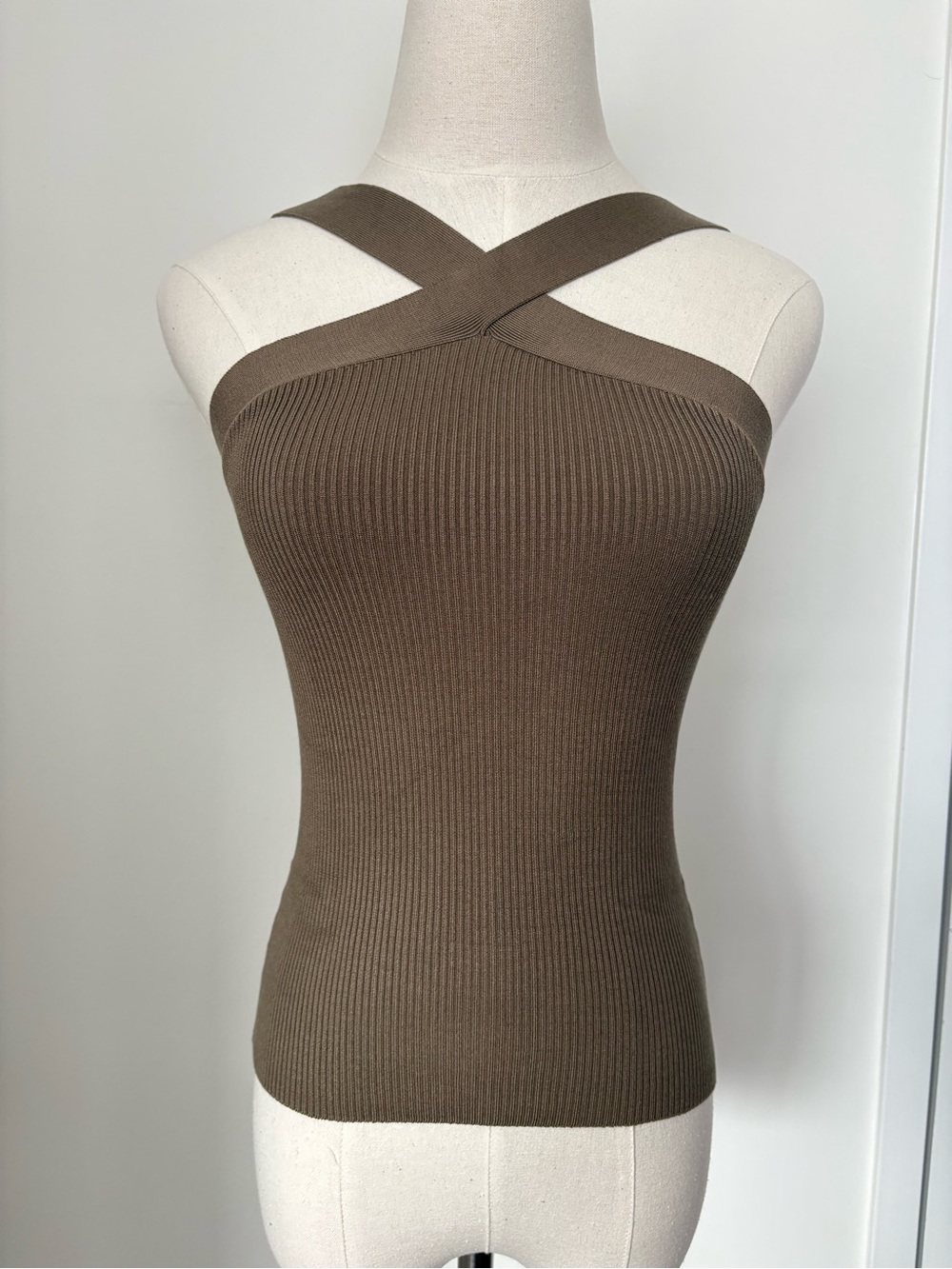 bebe Brown Cross-Strap Ribbed Silk Tank Top